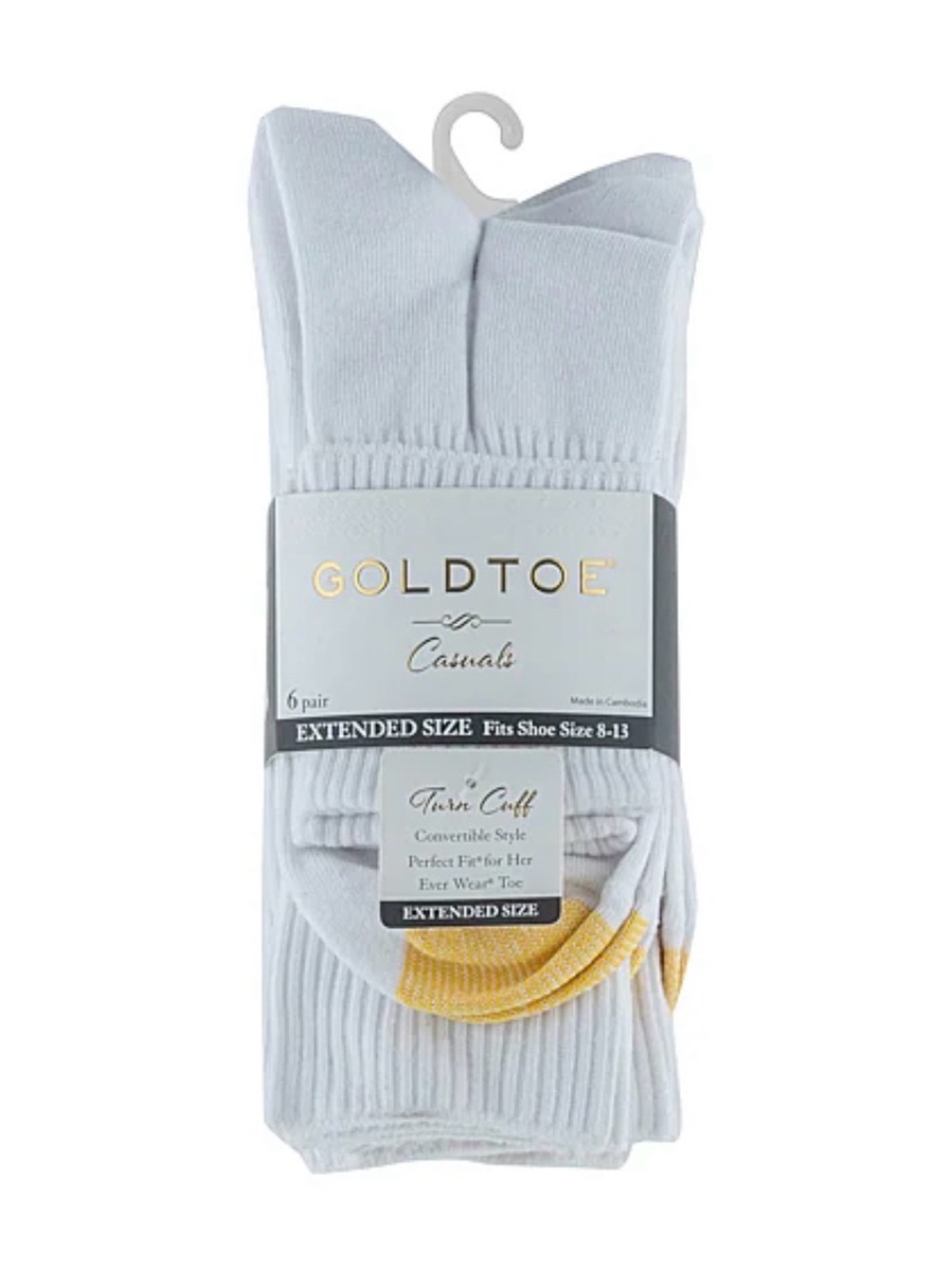 Gold Toe White Cuff Socks with Gold Toe Accent - 6 Pack
